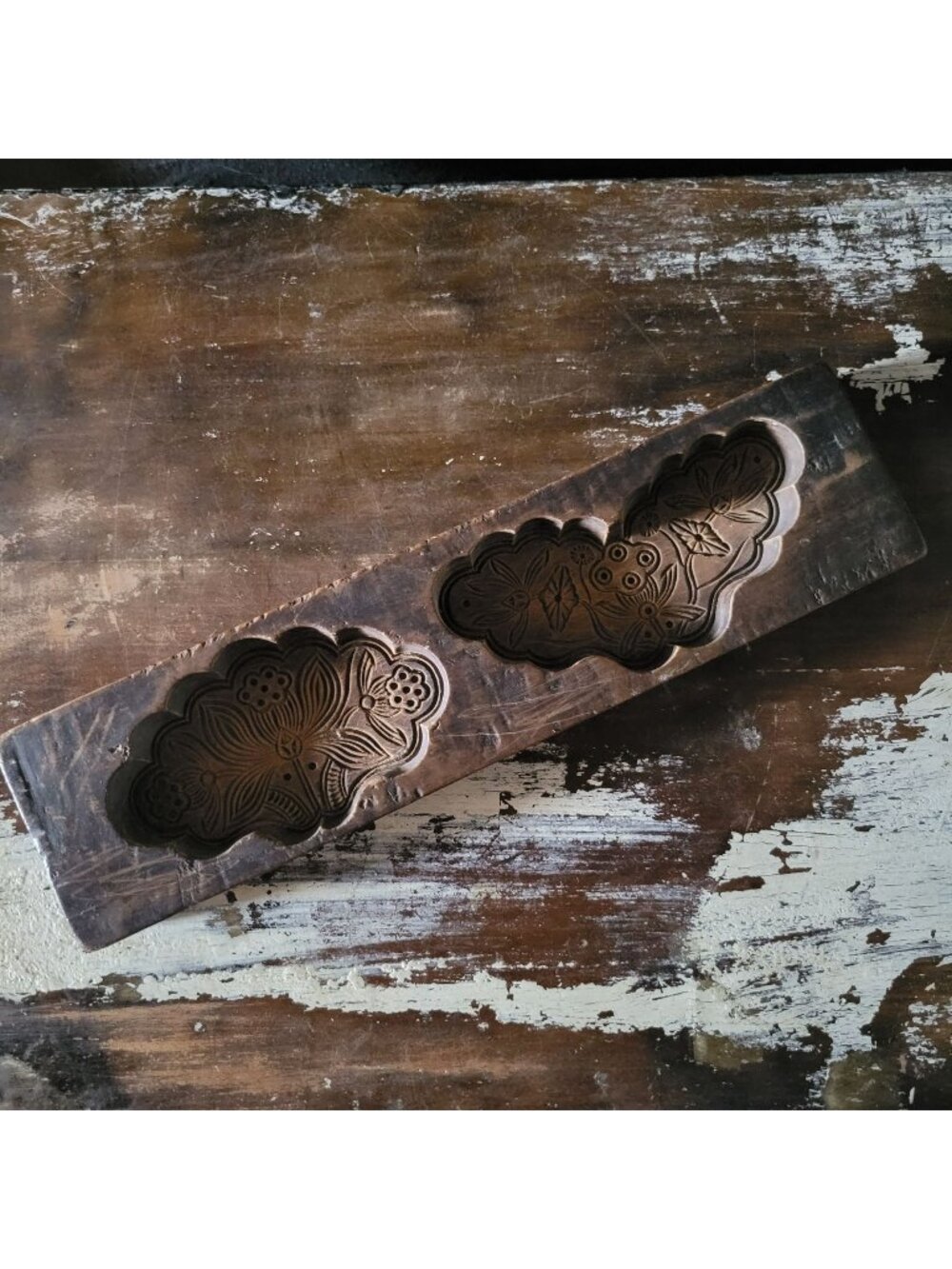 Vintage Hand Carved Wooden Chinese Moon Cake Mold With Floral Design